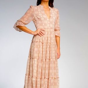 /4 sleeve lined maxi dress Boho All Over Print Frill Trim